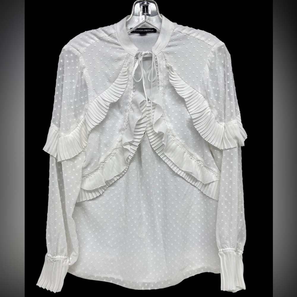 Boston Proper Ruffles Dots Sheer Chiffon Fabric Blouse Medium Lined Bell Sleeve